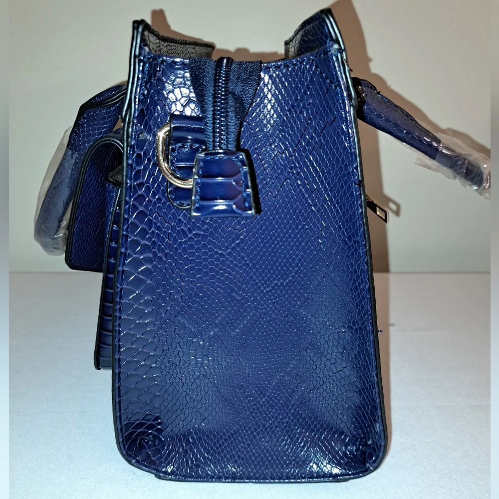 Navy Blue Faux Snake Embossed Tote, Gold Hardware, Shoulder Strap Included, NEW! - Picture 9 of 14
